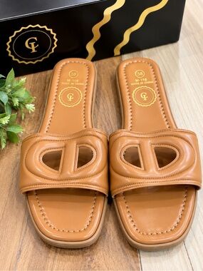 Tan Leather-Look Slide Mules with Cutout Strap